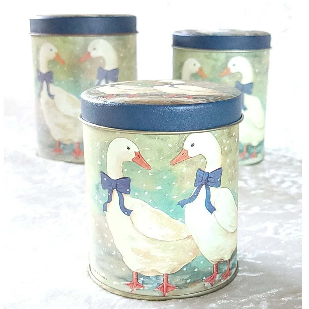 Vtg Country Geese Nesting Tin Canisters Set of 3 Blue Bows Farmhouse Decor